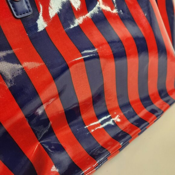 DKNY Striped Tote Red Blue Donna Karan New York Purse Bag Vinyl - Picture 5 of 14
